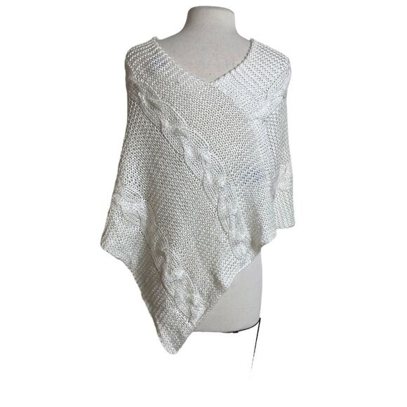 XOXO knit Ivory sweater poncho wrap with fringe loose knit cover up - Picture 2 of 5